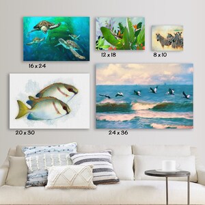 May include: A collection of five rectangular wall art prints featuring various nature scenes including sea turtles in blue water, tropical plants, zebras, two fish on a white background, and birds flying over ocean waves, with sizes 16x24, 12x18, 8x10, 20x30, and 24x36 inches.