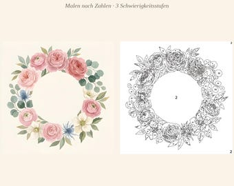 Corona de flores de acuarela para pintar por números - 3 niveles de dificultad | Corona de acuarela para pintar por números en formato PDF (descarga digital, estilo bohemio floral)
