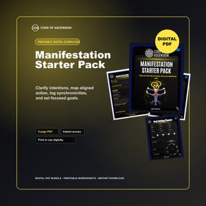 Puede incluir: Un paquete PDF digital titulado "Manifestation Starter Pack" con un fondo oscuro y acentos amarillos. El paquete incluye un PDF de 9 páginas con hojas de trabajo para aclarar intenciones y establecer metas. La imagen también muestra un "Goal Setting Planner".