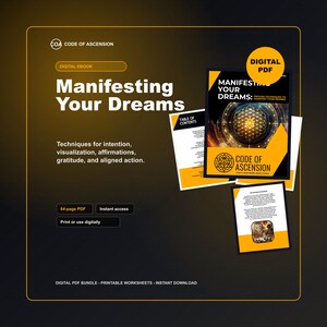 Op de afbeelding: Digitale ebook-bundel getiteld "Manifesting Your Dreams" met een zwart-geel omslagontwerp. De omslag heeft een geometrisch patroon en de tekst "Code of Ascension". Het ebook belooft technieken voor intentie, visualisatie, affirmaties en dankbaarheid.