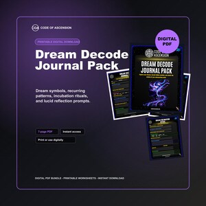 Könnte beinhalten: Ein digitales Download-Bundle mit dem Titel "Dream Decode Journal Pack" mit einem lila und schwarzen Design. Das Paket enthält druckbare Arbeitsblätter für Traumsymbole, wiederkehrende Muster und luzide Reflexionsaufforderungen. Der Text "Digitales PDF" ist sichtbar.