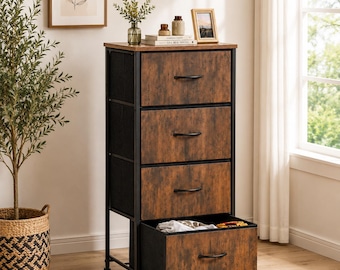 Rustic 4 Drawer Tall Dresser Storage Tower 37in,Industrial Fabric Drawer Cabinet,Bedroom Closet Organizer,Wood Top Storage Cabinet Furniture