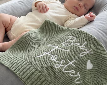 Copertina personalizzata in cotone biologico lavorato a maglia, copertina con nome del neonato, morbido ricordo per neonati, regalo per baby shower