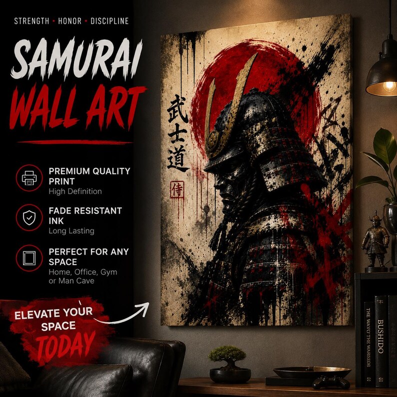 Samurai Helmet Portrait Matte Canvas Framed | Japanese Warrior Art, Red ...