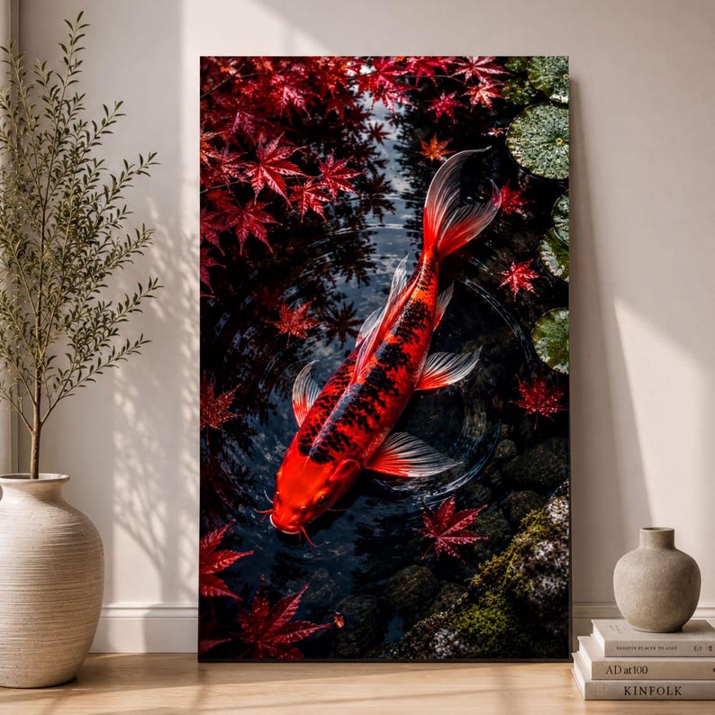 Red Koi Fish Wall Art, Japanese Maple Pond Zen Poster (digital Download