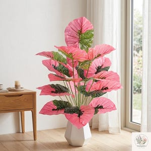 Peut inclure: Une plante artificielle aux grandes feuilles en forme de cœur, arborant des teintes vives de rose et de vert foncé avec des taches blanches. La plante est placée dans un pot blanc de forme géométrique hexagonale, avec un feuillage dense.
