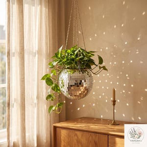 Maceta colgante con forma de bola de discoteca | Maceta de interior con espejo de estilo bohemio | Decoración retro para el hogar y cesta de flores de jardín original | Regalo único para amantes de las plantas