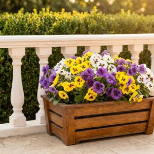 May include: A rectangular wooden planter box with horizontal slats, filled with a dense arrangement of vibrant pansy flowers in shades of bright yellow, deep purple, and white, positioned on a stone surface in front of a white balustrade railing.