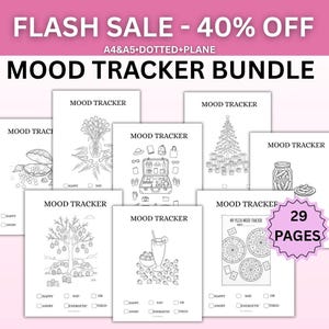 Op de afbeelding: Een mood tracker bundel met 29 pagina's in A4 en A5 formaat, beschikbaar in gestippelde en blanco opties. De collectie bevat diverse zwart-wit printbare vellen met illustraties zoals een kerstboom, een koffer, bloemen en pizza.