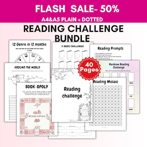 May include: A reading challenge bundle featuring 40 pages of printable sheets in A4 and A5 sizes. The collection includes various black and white activity pages like Book-opoly, a world map, reading prompts, a mosaic grid, and genre trackers.