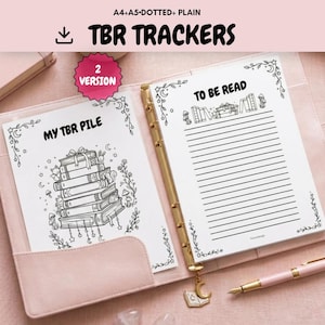 May include: A set of A4 and A5 TBR trackers in a pink binder. The pages feature black and white line art of stacked books, stars, and vines. One page is titled My TBR Pile, and the other is titled To Be Read with horizontal lines for writing. A pink pen rests nearby.
