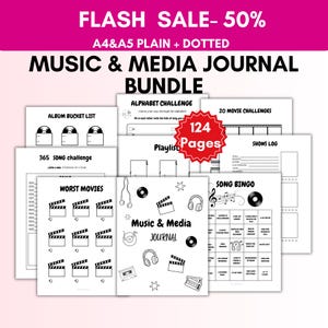 May include: A Music & Media Journal bundle featuring 124 pages of printable templates including an Album Bucket List, 365 Song Challenge, Alphabet Challenge, 20 Movie Challenges, Shows Log, Worst Movies list, and Song Bingo with black and white graphics.