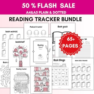 May include: A digital reading tracker bundle featuring 65+ pages in A4 and A5 sizes. The collection includes printable sheets for book wishlists, podcast trackers, book goals, bookshelves, reading journals, book bingo, and series trackers with black and pink illustrations.