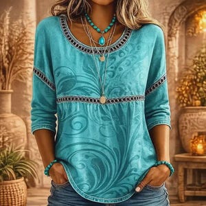 May include: A turquoise long-sleeve top featuring a dark teal swirling pattern, a round neckline with dark trim, and a horizontal band across the chest. The garment is accessorised with a layered turquoise beaded necklace and matching bracelet.