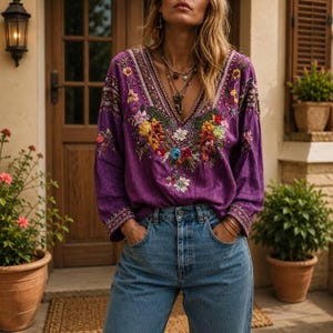 Puede incluir: Una blusa morada de manga larga con un escote en V profundo adornado con intrincados bordados florales multicolores en tonos amarillo, rojo, azul y blanco. La prenda se combina con unos vaqueros de mezclilla azul claro con bragueta de botones.