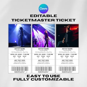 以下が含まれることがあります： 3つのコンサート画像が特徴の、編集可能なTicketmasterチケットテンプレート。各チケットには、アーティスト名、ツアーの詳細、日付、時間、座席情報、カスタマイズ可能なテキストが含まれています。デザインは使いやすく、完全にカスタマイズ可能です。