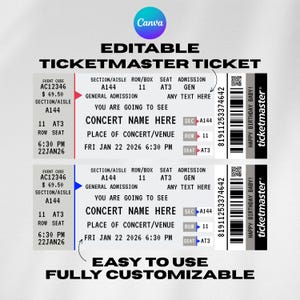 以下が含まれることがあります： イベントの詳細が記載された、編集可能な2つのTicketmasterチケット。各チケットにはバーコード、イベントコード、セクション、列、座席などの詳細が含まれています。チケットには「Happy Birthday Baby!」と「使いやすく、完全にカスタマイズ可能」と記載されています。