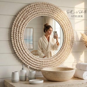 Round Cowrie Shell Mirror, Handmade Coastal Wall Mirror, Natural Cowrie Mirror, Beach House Decor, Boho Coastal Mirror, Statement mirror