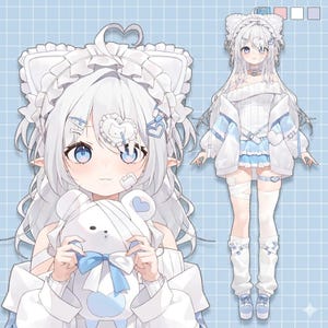 May include: An anime-style illustration of a character in a white and light blue outfit. The character has white hair, blue eyes, and is holding a white teddy bear with a blue bow. The background is a light blue grid pattern.