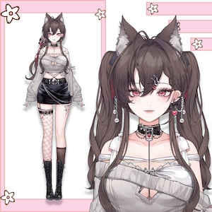 Könnte beinhalten: Illustration eines Anime-Charakters. Die Figur hat braune Haare, die mit Katzenohren und Zöpfen gestylt sind. Sie trägt ein graues Crop-Top, einen schwarzen Rock und Stiefel. Zu den Accessoires gehören ein Halsband, Ohrringe und ein Strumpfband.