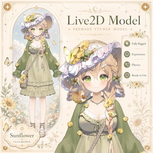 May include: An illustration of a Live2D model named "Sunflower." The model is dressed in a green dress and cape, with a sunflower-adorned hat. The image includes text that says "Fully Rigged," "Expressions," "Physics," and "Ready to Use."