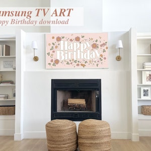 Samsung TV Art Happy Birthday, Framed TV Happy Birthday, Pink Happy Birthday Flowers, Instant Download