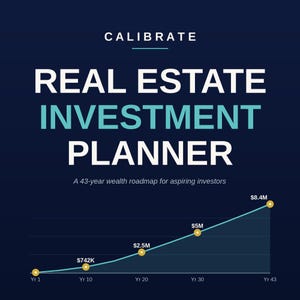 May include: A dark blue graphic with the text "CALIBRATE REAL ESTATE INVESTMENT PLANNER." Below, it reads "A 43-year wealth roadmap for aspiring investors." A line graph shows investment growth over 43 years, starting at $742K and reaching $8.4M.