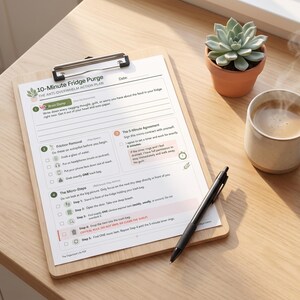May include: A wooden clipboard holding a printed 10-Minute Fridge Purge action plan document with sections for a brain dump, friction removal, and micro-steps. A black pen rests on the paper, which includes text instructions and checkboxes.