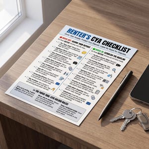 Può includere: Un documento cartaceo bianco intitolato RENTER'S CYA CHECKLIST con testo blu e nero, che presenta due colonne di attività di trasloco, piccole icone e una sezione inferiore intitolata THE PAPER TRAIL, accompagnato da una penna nera, smartphone e chiavi.