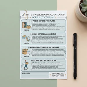 May include: A white paper checklist titled Ultimate 4-Week Moving Countdown: Your Action Plan with blue-bordered sections for 4 weeks, 2 weeks, 1 week, and 1 day before moving. It includes small illustrations, checkboxes, and text for tasks.