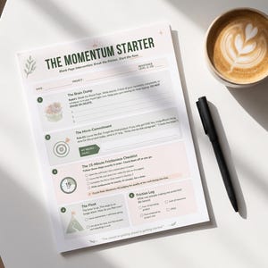以下が含まれることがあります： THE MOMENTUM STARTERというタイトルの白い紙のワークシート。The Brain Dump、The Micro-Commitment、The 15-Minute Frictionless Checklist、The Pivot、Friction Logのセクションがあり、緑とピンクのアクセント、小さなイラスト、テキストが記載されています。