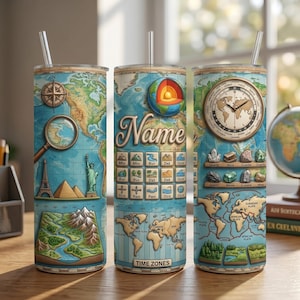 May include: Three travel-themed tumblers with straws. Each tumbler features a world map design with a compass, landmarks, and time zone details. One tumbler has a space for a name, and another has a clock design.