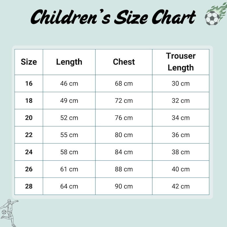 Pode incluir: Uma tabela de tamanhos infantis com medidas em cent&iacute;metros. A tabela inclui os tamanhos 16 a 28, com os comprimentos, medidas do peito e comprimentos das cal&ccedil;as correspondentes. O texto "Children's Size Chart" est&aacute; no topo.