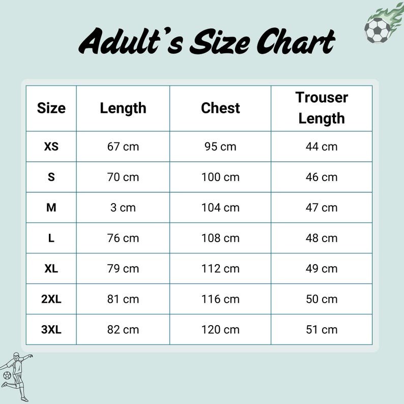 Pode incluir: Uma tabela de tamanhos para adultos com medidas em cent&iacute;metros. A tabela inclui tamanhos de XS a 3XL, com os comprimentos, circunfer&ecirc;ncias do peito e comprimentos das cal&ccedil;as correspondentes. O texto "Adult's Size Chart" est&aacute; no topo.