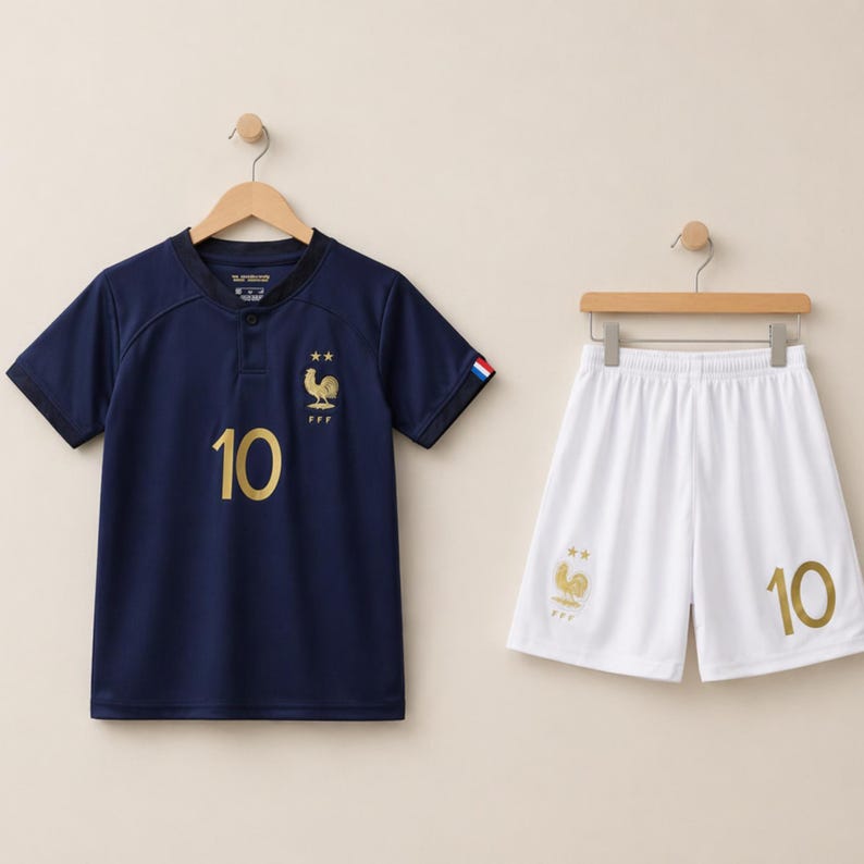 Pode incluir: Um conjunto de camisa e cal&ccedil;&atilde;o de futebol azul marinho. A camisa apresenta o n&uacute;mero 10 em dourado, um emblema de galo dourado e uma pequena bandeira francesa. Os cal&ccedil;&otilde;es brancos tamb&eacute;m t&ecirc;m o n&uacute;mero 10 e um emblema de galo.