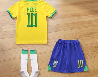 Pele #10 Brazil Kids Soccer Kit : Yellow & Green Youth Set