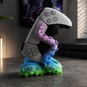 Könnte beinhalten: Ein weiß-schwarzer Videospiel-Controller, der von einem bunten Kraken-Tentakel-Ständer gehalten wird. Das Tentakel zeigt einen Farbverlauf von Lila an der Spitze bis hin zu Blau und Grün an der Basis, mit sichtbaren Saugnäpfen.