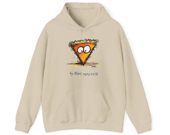 May include: A beige hooded sweatshirt featuring a graphic of a cartoon orange pie slice with large eyes. Below the illustration, the text reads: by Nigel, aged 62 1/2. The hoodie includes a front kangaroo pocket, long sleeves, and a drawstring hood.