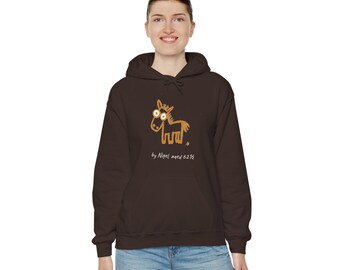 May include: A dark brown hooded sweatshirt featuring a light orange line drawing of a horse with large eyes. Below the horse, the text reads "by Nigel, aged 6½". The hoodie includes a front kangaroo pocket, long sleeves, and a drawstring hood.