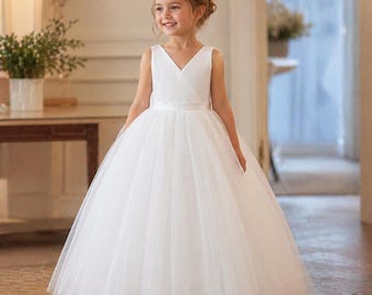 White Flower Girl Dress with Big Bow – Formal Princess Party Wedding Dress