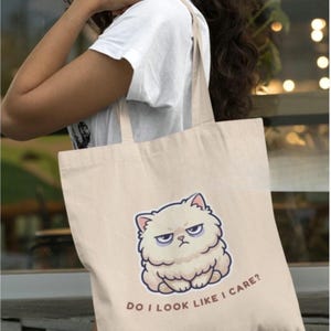 ¿Acaso parezco importarme? Bolso de mano con diseño de gato, bolso de gato gruñón, bolso de mano divertido con diseño de gato, bolso de mano sarcástico, regalo para mamás de gatos, bolso de mano divertido con diseño de gato, bolso de mano para amantes de los gatos