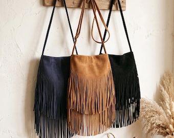 Handgemaakte vintage leren crossbodytas met gelaagde franjes, retro western schoudertasje met kwastje, chique slouchy messenger