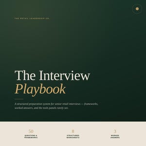 May include: An image promoting "The Interview Playbook" against a dark green backdrop. The title is in large white and gold text. The image also includes the text "A structured preparation system for senior retail interviews - frameworks, worked answers, and the tools panels rarely see."