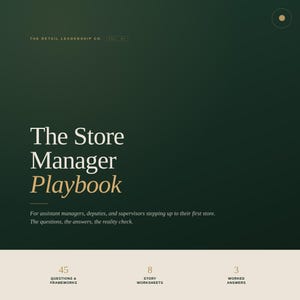 May include: A dark green and cream-colored book cover with the title "The Store Manager Playbook." The cover includes the text "The Retail Leadership Co." and details about the book's content, including questions, answers, and reality checks.