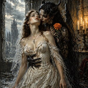 May include: A gothic-style painting depicts a woman in a white dress embraced by a dark figure with horns and wings. The dark figure holds an orange rose. The background features a castle and lit candles, creating a dramatic and romantic scene.