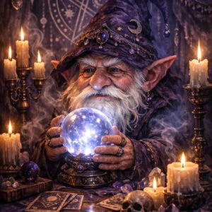 Puede incluir: Ilustración de un mago con una larga barba blanca y un sombrero morado, mirando una bola de cristal brillante. La escena está iluminada por velas e incluye cartas del tarot y una calavera, creando una atmósfera mística.