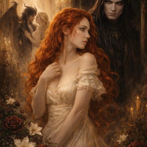 Puede incluir: Pintura digital de una mujer con cabello rojo en un vestido crema con hombros descubiertos, rodeada de rosas y velas. Un hombre de pelo oscuro y una figura con cuernos y alas están en el fondo.