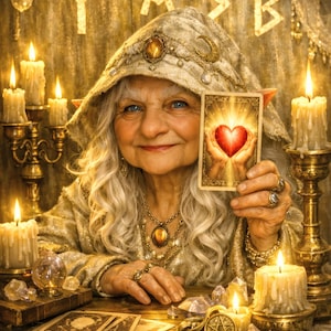 Mystical Fortune Teller Scene with Tarot Cards, Golden Candlelight & Spiritual Heart Energy | Digital Wall Art Printable