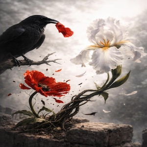Puede incluir: Obra de arte digital que representa un cuervo negro sosteniendo un pétalo rojo, junto a una amapola roja y un iris blanco. La imagen tiene una cualidad surrealista y onírica, con pétalos dispersos. El cuervo está posado en una rama.