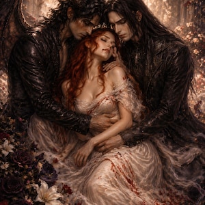 Puede incluir: Una ilustración digital que muestra a dos figuras de cabello oscuro con chaquetas de cuero negro abrazando a una figura central de cabello rojo largo con un vestido blanco manchado de sangre, rodeada de rosas y lirios oscuros en un entorno etéreo.